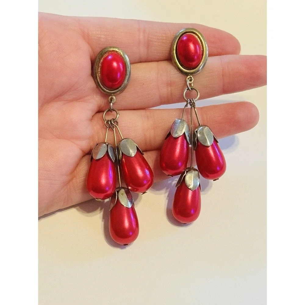 Flashy Earrings VTG Dangle Pink Magenta‎ Beaded Waterfall Statement Retro 70s